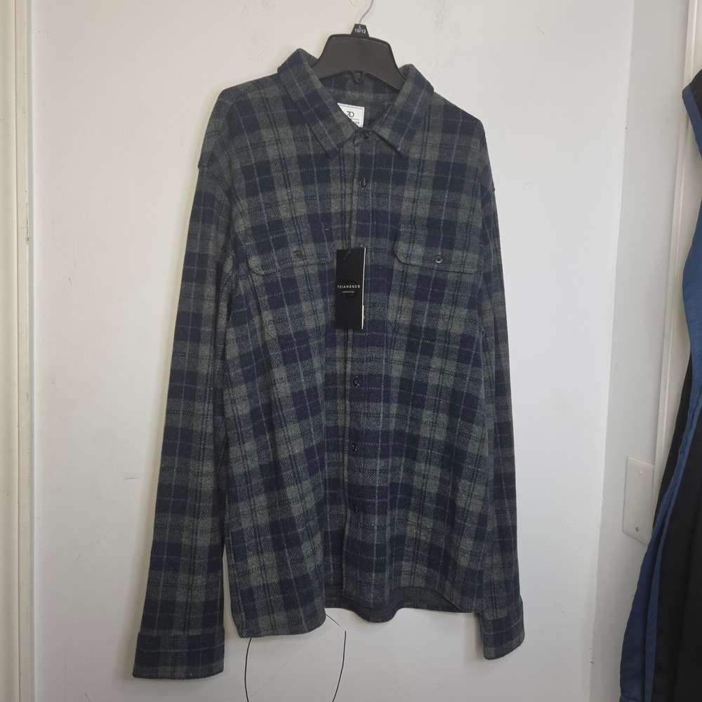 7 Diamonds Mens Generation 4-Way Stretch Plaid Shirt Olive Navy XL New